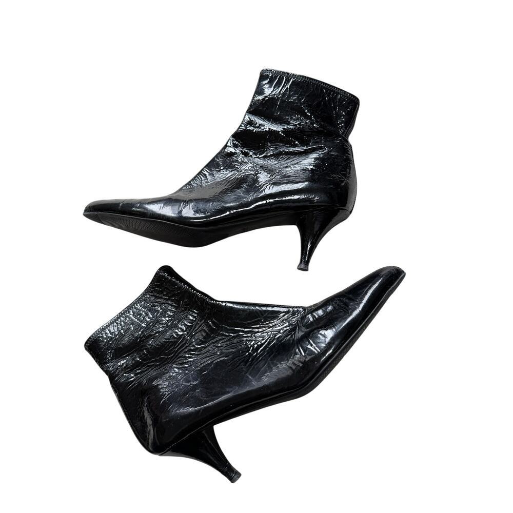 Prada Black Crinkled Patent Leather Kitten Heel Ankle Bootie Boot EU 37 US 6.5